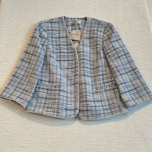 Kasper California Sky Blue Multi Open-Front 3/4 Sleeve Tweed Blazer. NWT